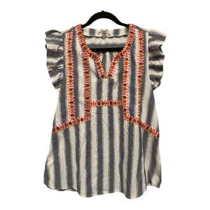 Entro Blue and White Striped Top with Boho Embroidered Accents Small